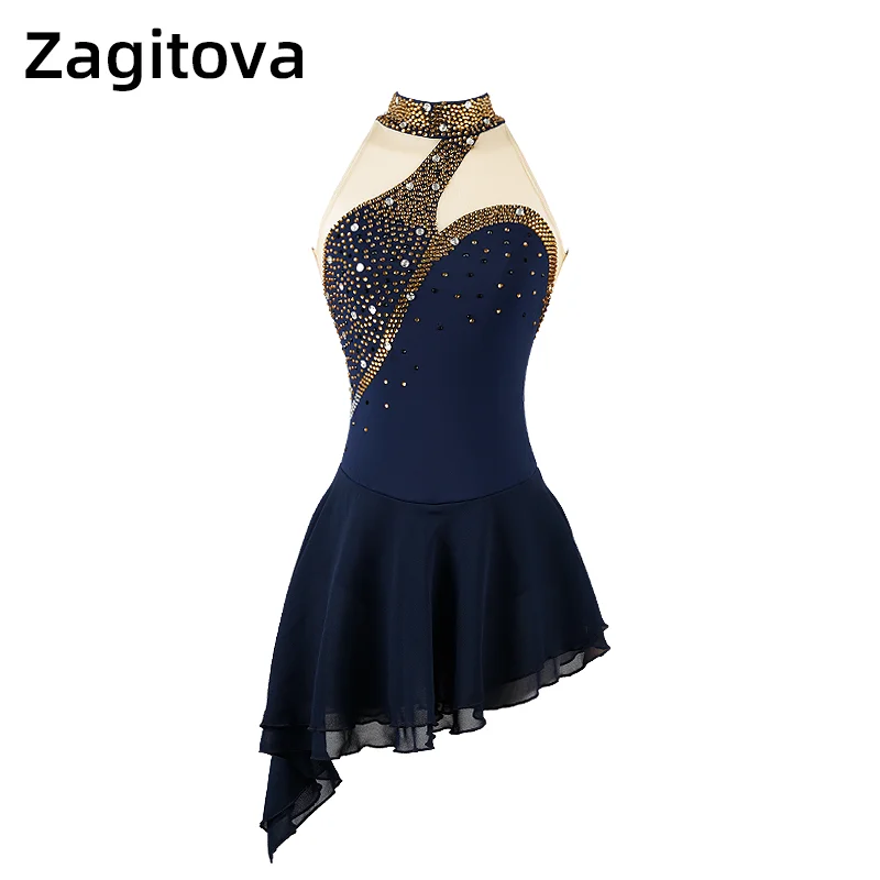 

Navy Blue Red Figure Skating Dress For Women And Girls Sleeveless Ice Figure Skating Pole Dancing Clothes Sexy With Rhinestones