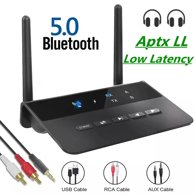 

Bluetooth 5.0 80M Transmitter Receiver Low Latency Wireless Audio Adapter 3.5mm AUX RCA Jack for PC TV Headphones