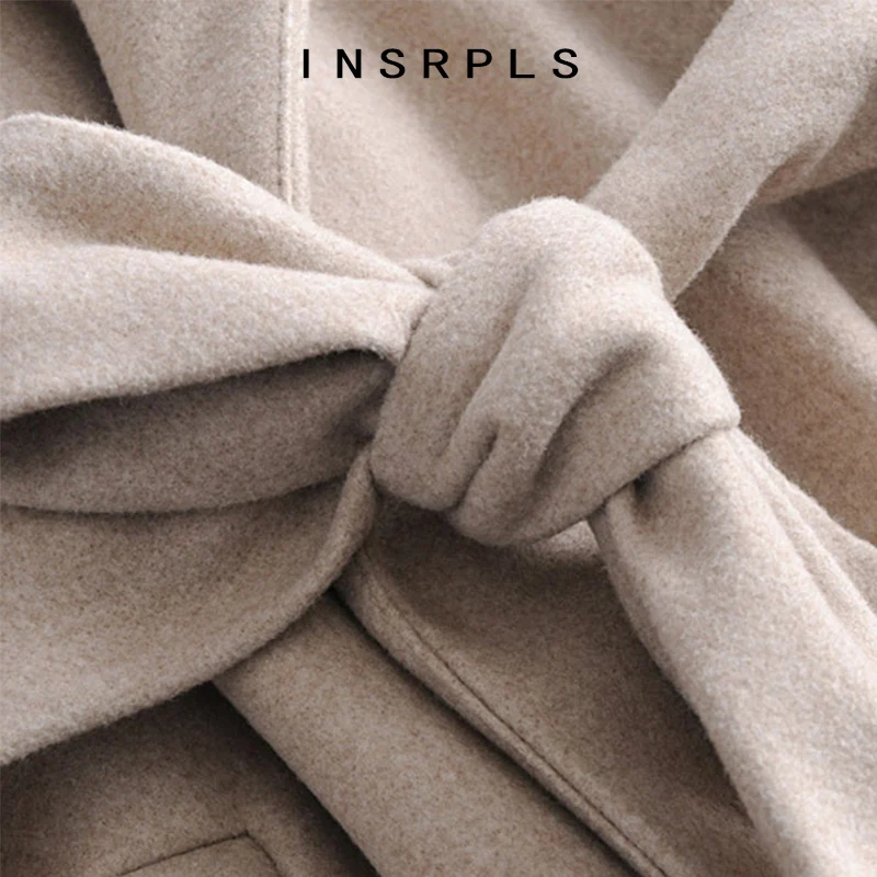 

INSRPLS Women Fashion With Belt Woolen Hooded Coat Vintage Long Sleeve Side Pockets Female Outerwear Chic Overcoat