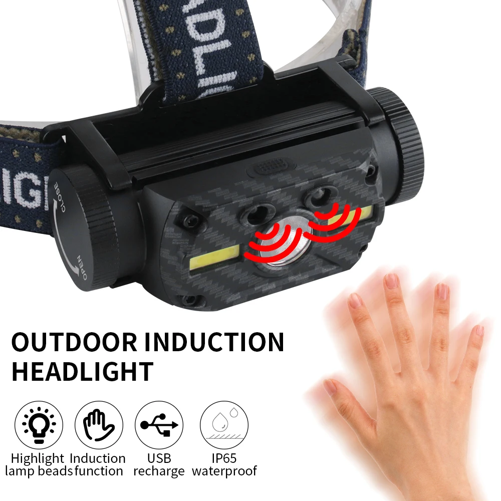 BORUiT B34 XM-L2 + 2 * COB светодиодный налобный фонарь с ИК датчиком движения 18650 лм