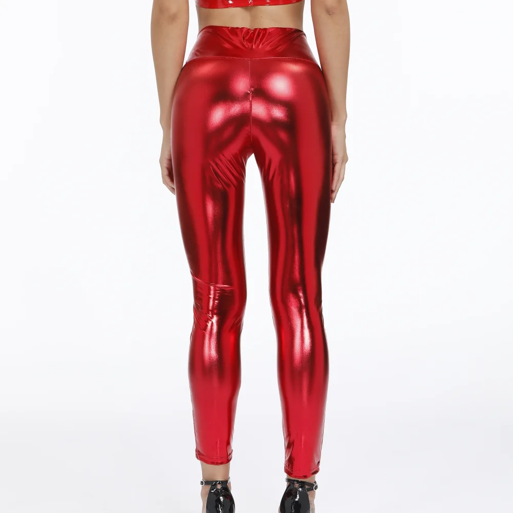 Женские брюки-карандаш с высокой талией из искусственной кожи эластичные на