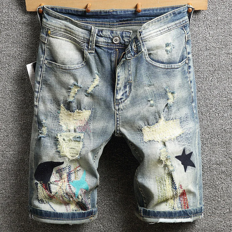 

2021 Summer New Men's Denim Shorts Retro Embroidery Ripped Short Jeans Street Fashion Thin Section Hole Slim Knee Length Pants