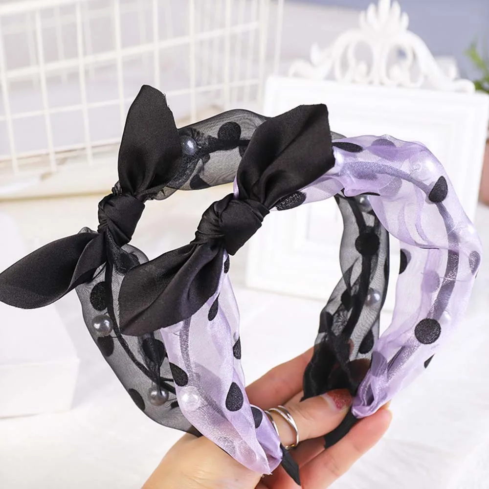 

Fashion Women Hairband Girls Mesh Bow Pearl Headband Cute Rabbit Ears Polka Dot Hair Hoop 2020 New Summer Hair Accessories