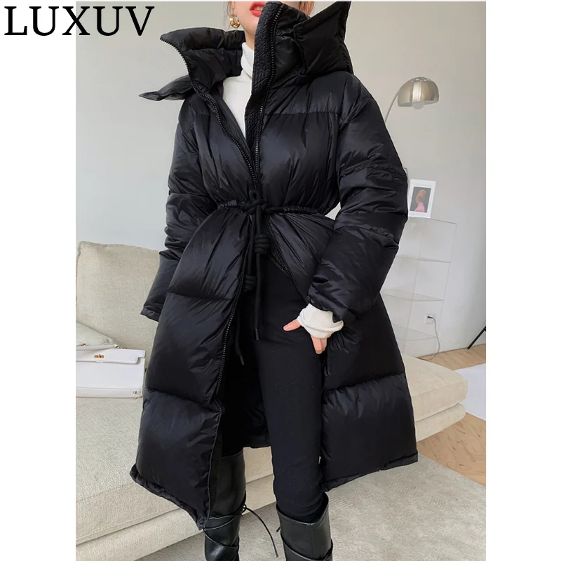 LUXUV Design New Winter Womens Chic Long Warm Down Jacket Stand-up Collar With a Hood Cold  Windproof Parkas Preppy Bold Fashion