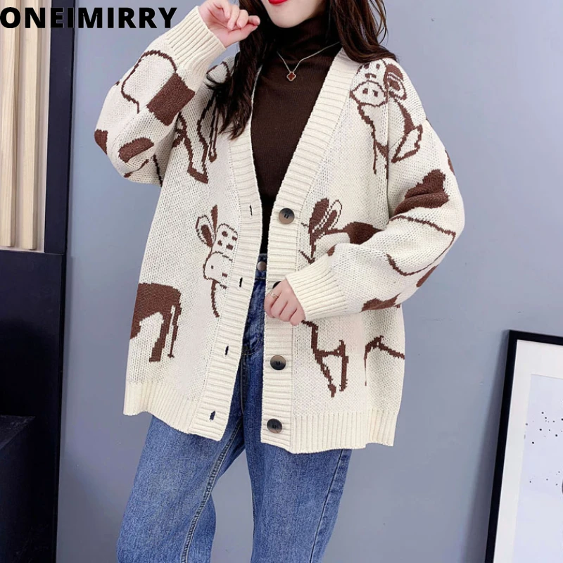 

Knitted Outwear Cardigan Fall 2021 Women Clothing Fashion Cow Pattern Loose Long Cardigans Sweaters Female V-Neck Cute Coat Tops