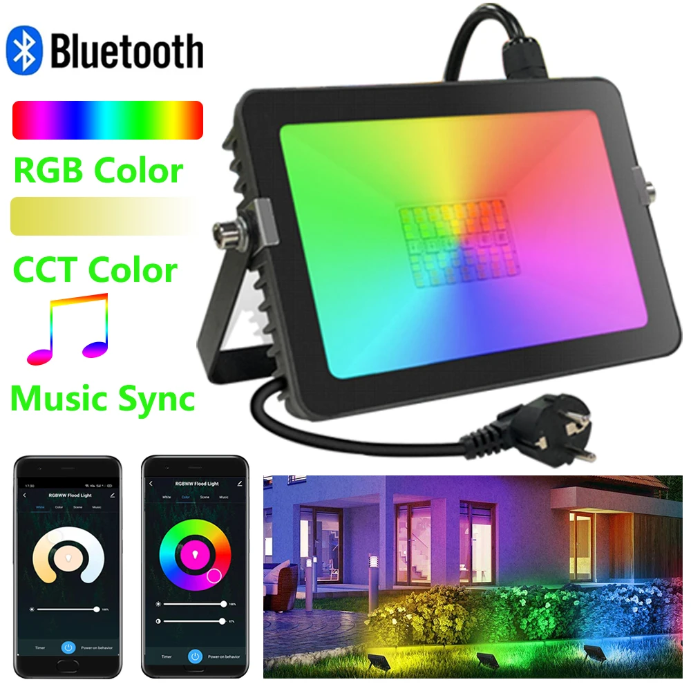 

LED Flood Light RGBCW Bluetooth Control CCT Changing RGB Multicolor Music Sync IP66 20W 30W Group Control Outdoor Garden Lights