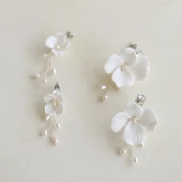 slbridal ins style sparkling zircon crystal rhinestones porcelain flower freshwater pearls bridal wedding earring women earrings