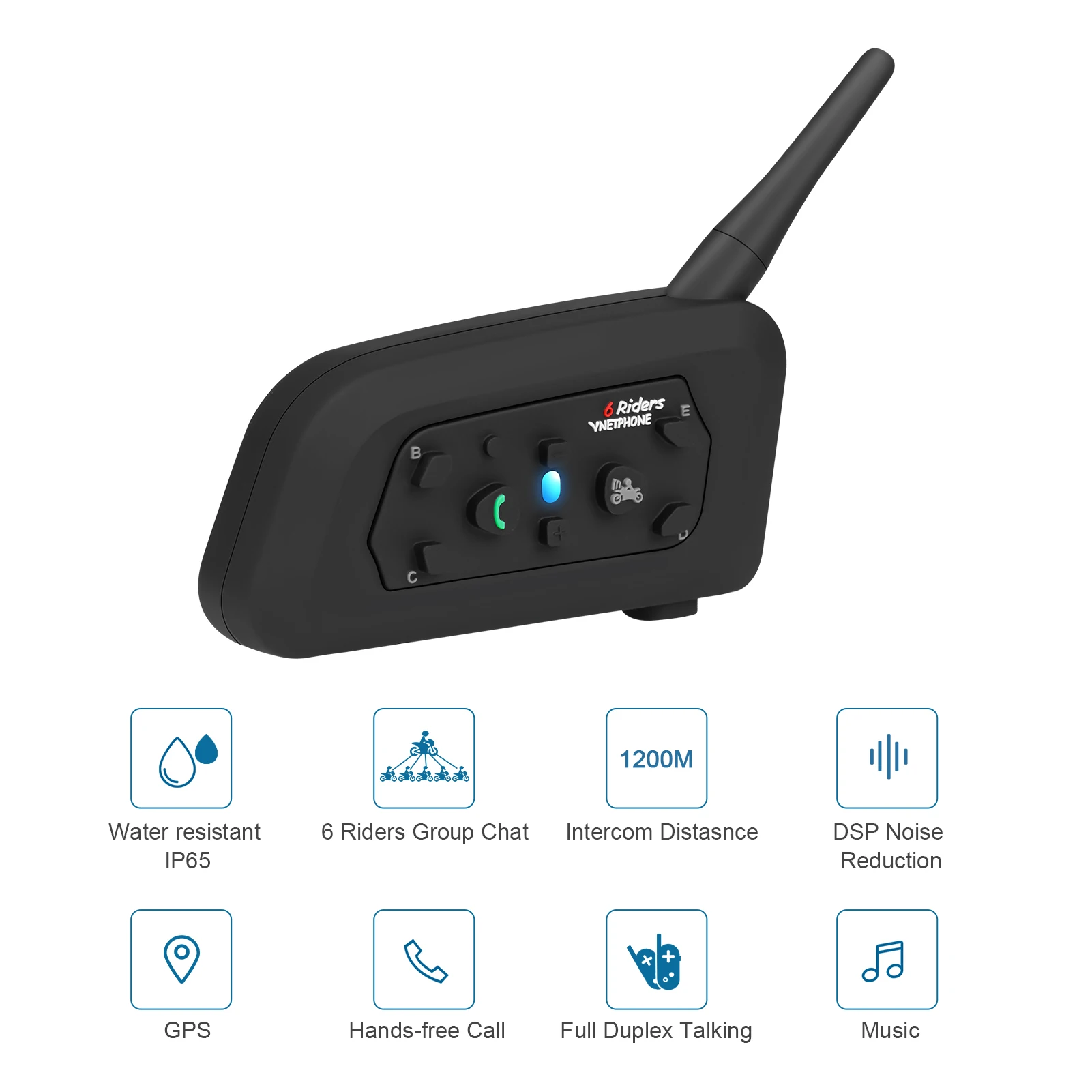 Bluetooth гарнитура VNETPHONE V6 для мотоциклетного шлема 1 2 км 850 мАч IP65 6 водителей MP3