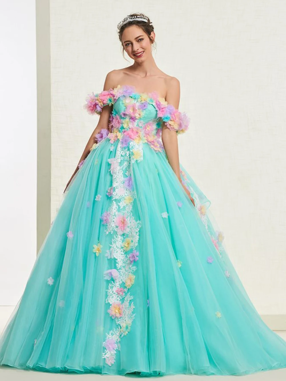 

Women’s Long Floor Length Flowers Ball Gowns Floral Lace Off-The-Shoulder Quinceanera Dresses Lace Up Tulle Puffy Party Gown