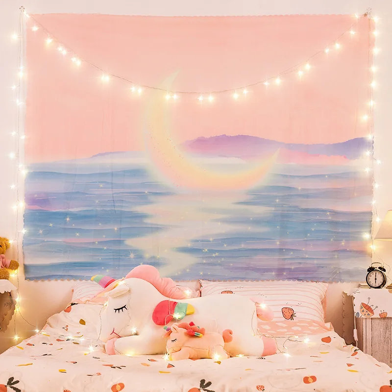 Pink Moon Tapestry Wall Hanging Sea Waves Seaside Scenic Tapestries Decor Dreamlike Color Tapiz Polyester Home | Дом и сад