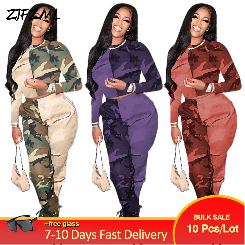 

Wholesale Bulk Items Lots Casual 2 Piece Matching Sets Women Camouflage Print Full Sleeve Crop Top+Sportswear Jogger Sweatsuits