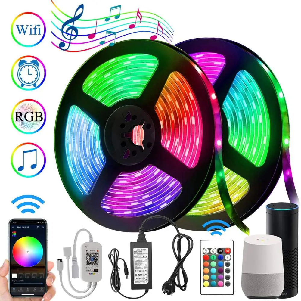 

5M/10M/15M WiFi LED Strip Light DC12V 2835 RGB String Flexible Ribbon Home WiFi Contoller+Adapter For Living Room / Bed Room