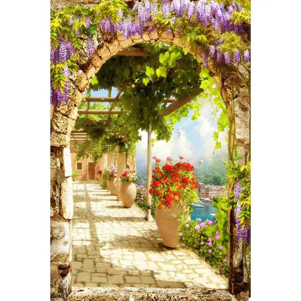 Летний фон для фотосъемки Yeele Coastal City Stone House Flower Tree Stair на заказ для фотостудии - Цвет: NBK00644
