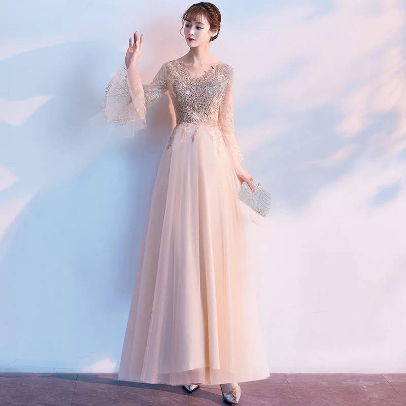 

Temperament V-neck Evening Party Dress Flare Sleeve Celebrity Banquet Dress Noble Slim Hostess Dress Elegant A-line Prom Dress