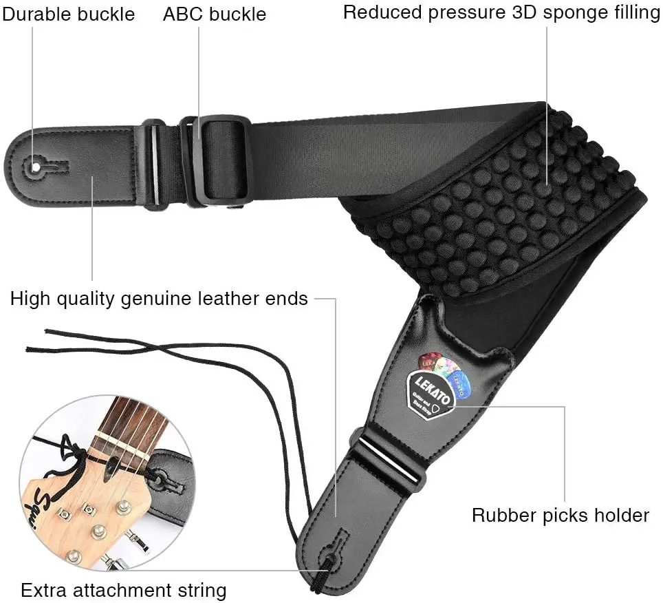 lekato gitarre strap 3d schwamm füllung bass elektrische gitarre strap 35 zoll breiten verstellbaren mit 6 picks mit pick halter free global shi