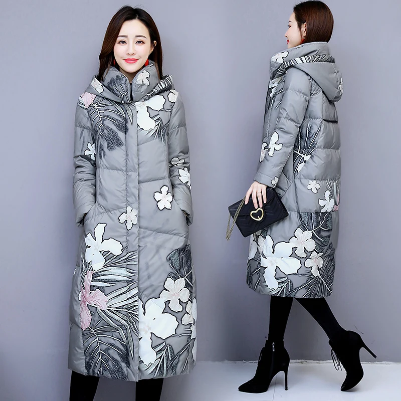 Flower Print Winter jacket Women Long Parkas Slim Down Coat Female Thick Warm Jacket Overcoat 0811-245 | Женская одежда