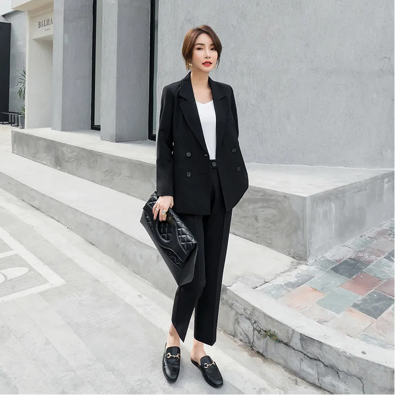 Black pants suit Новое поступление, женский двубортный блейзер с длинным рукавом, широкие длинные штаны, комплект из 2 предметов, женские повседневные штаны, костюм S98303F - Цвет: Black pants suit