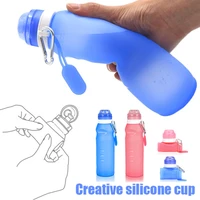 new foldable sports silicone water bottle outdoor travel portable cycling cup with hook and leak proof outdoor sports water cup