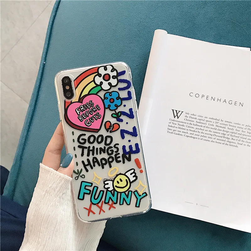 Прозрачный чехол для телефона iPhone 7, для iPhone XS Max, XR, X, 6, 6 S, 8, 7 Plus, 11 Pro Max, чехол с граффити и буквами, прозрачный мягкий чехол на заднюю панель - Цвет: Прозрачный