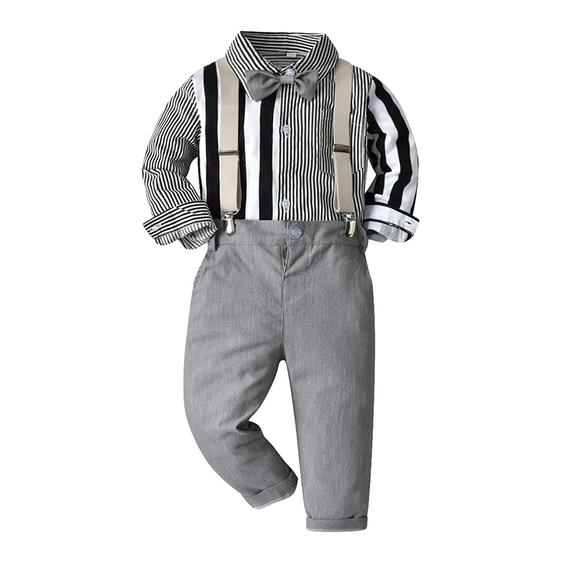 

Baby Boys Formal Suit Boys Clothes Long Sleeve Striped Bow Tie Shirt+Grey Pants 4 Pieces Suit Set Children Wedding Party Costume