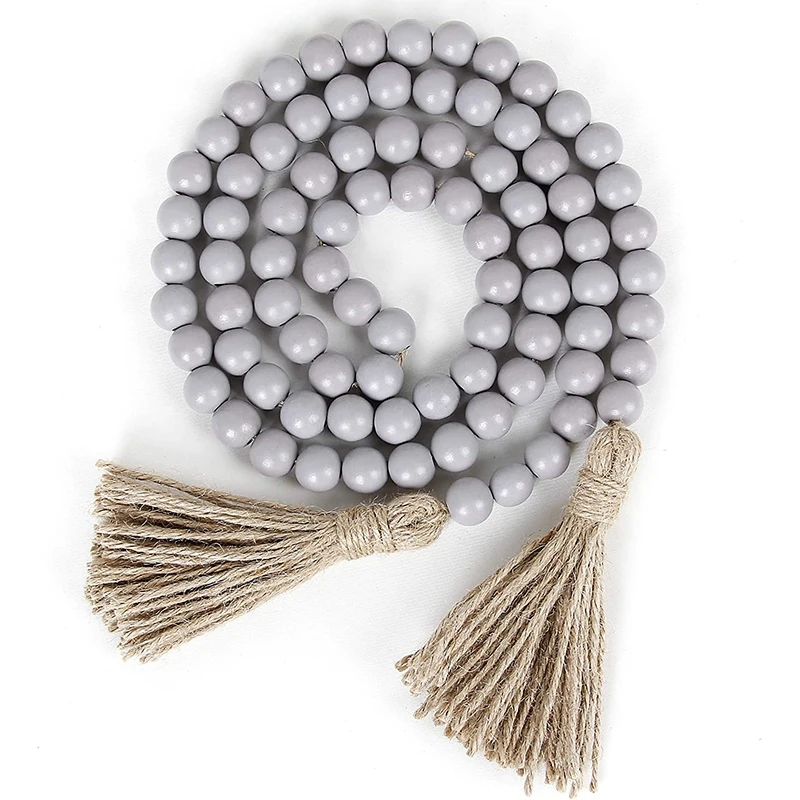 

58in Wood Bead Garland with Tassels,Farmhouse Beads Rustic Country Decor Prayer Boho Beads Wall Hanging Decoration(Gray)