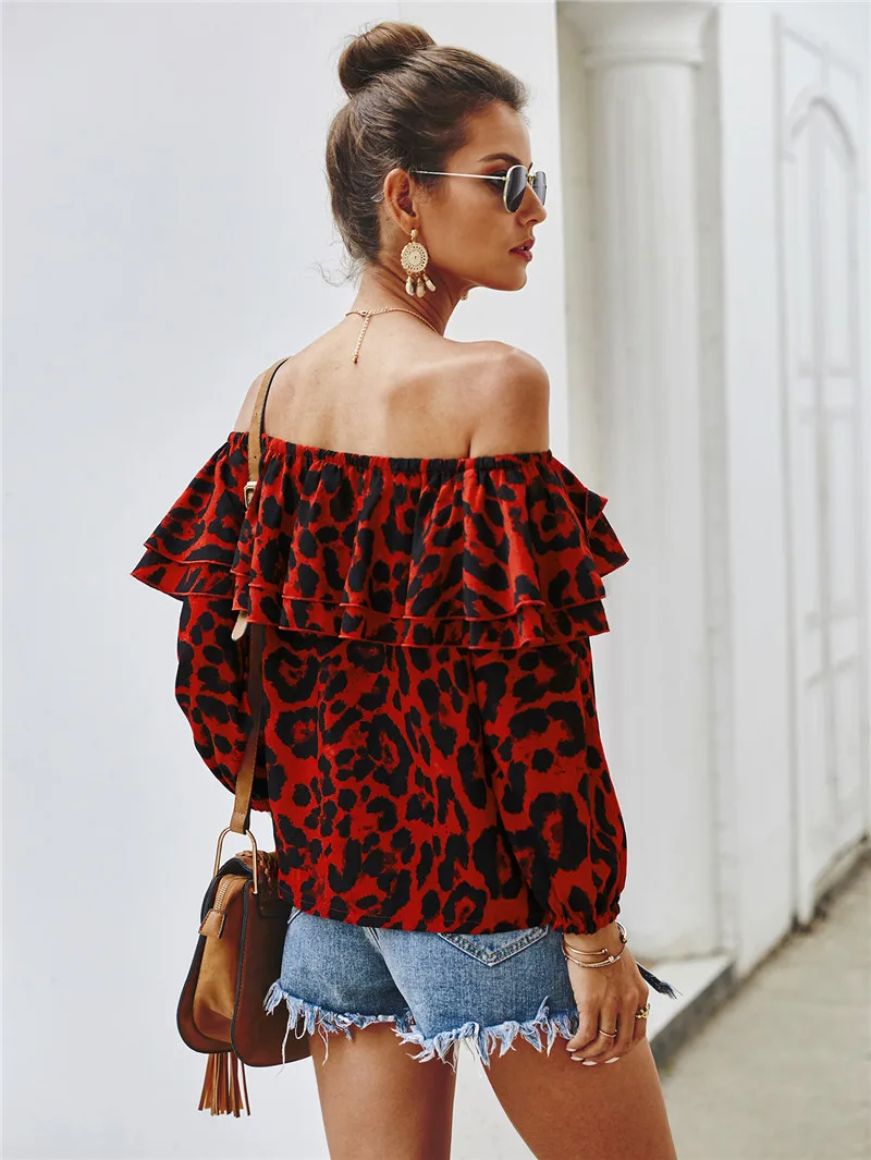

Leopard Chiffon Blouse Women Sexy Slash Neck Off Shoulder Ruffles Boho Top Casual 3/4 Sleeve Summer Female Shirts Blouses