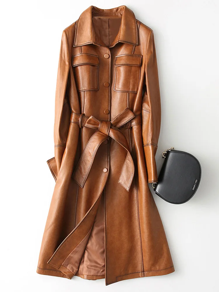 

Настоящая модная Высококачественная Женская куртка из овчины, длинный тонкий кожаный Тренч для женщин, Veste Femme Zjt350