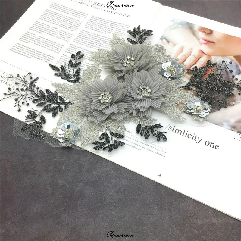 2 шт. серые тканевые нашивки с цветочной вышивкой 3D растения кружево ручная