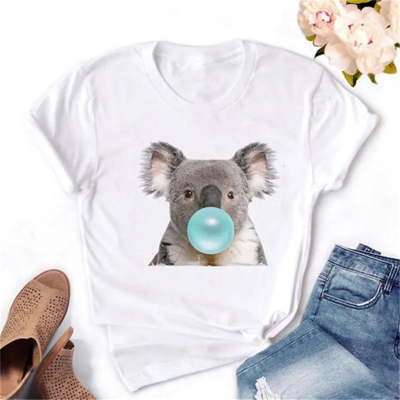 

Maycaur Koala Chewing Gum Print Women Tshirt Summer Casual Funny Graphic T Shirt Gift for Lady Yong Girl Cute Female Tops Tees