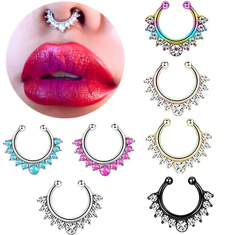 1PCS Crystal Fake Nose Ring Septum Piercing Flower Ear Cuff Earring Tragus Fake Septum Ring Non Piercing Nose Ring Clip Jewelry