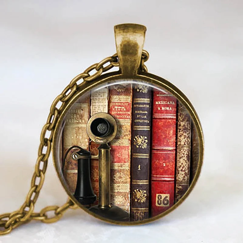 New Fashion Necklace Glass Dome Vintage Library and Books Pendants Necklace For Students Teachers And Librarians Necklace