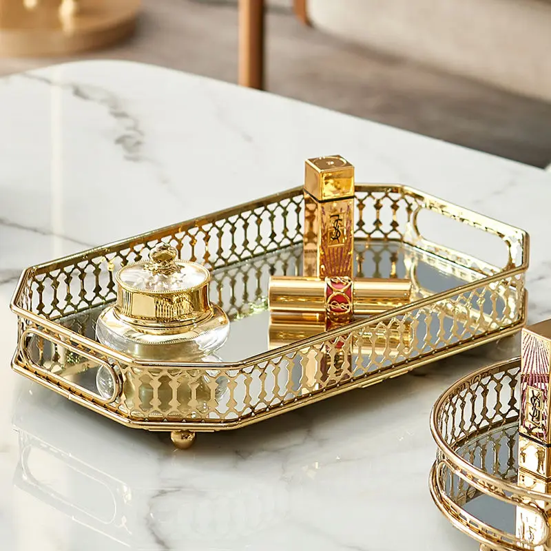 

Nordic Light Luxury Mirror Ornaments Home Living Coffee Table Trays Tea Cup Cosmetic Storage Tray Gold Metal Tray Organization