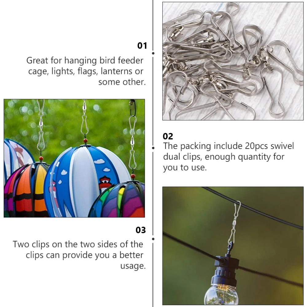 

20Pcs Dual Swivel Hooks 360 Rotatable Clips Useful Hangers for Wind Spinners