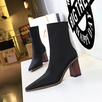 bigtree slim stretch ankle boots for women pointed toe silk sock boots square high heel boots shoes woman fashion bota feminina