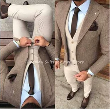 3pc jaqueta calças colete homem marrom espinha de peixe blazer serge bege calças colete feito sob encomenda ternos masculinos conjunto festa de casamento wear (3)