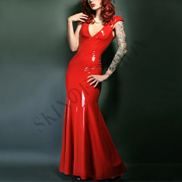 Бесплатная доставка! Красное латексное резиновое платье с глубоким вырезом|dress