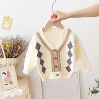 boys sweater rhombus knitted cardigan for kids casual warm v neck single breasted long sleeve children knitwear tops