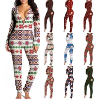 oluolin spring autumn women sexy button open crotch adults onesies long sleeve v neck christmas pajama romper jumpsuit nightwear