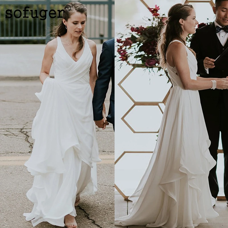 

Long Chiffon Beach Tiered Weddding Dresses Backless Bridal Gown Wedding Vestidos de Noivas Custom