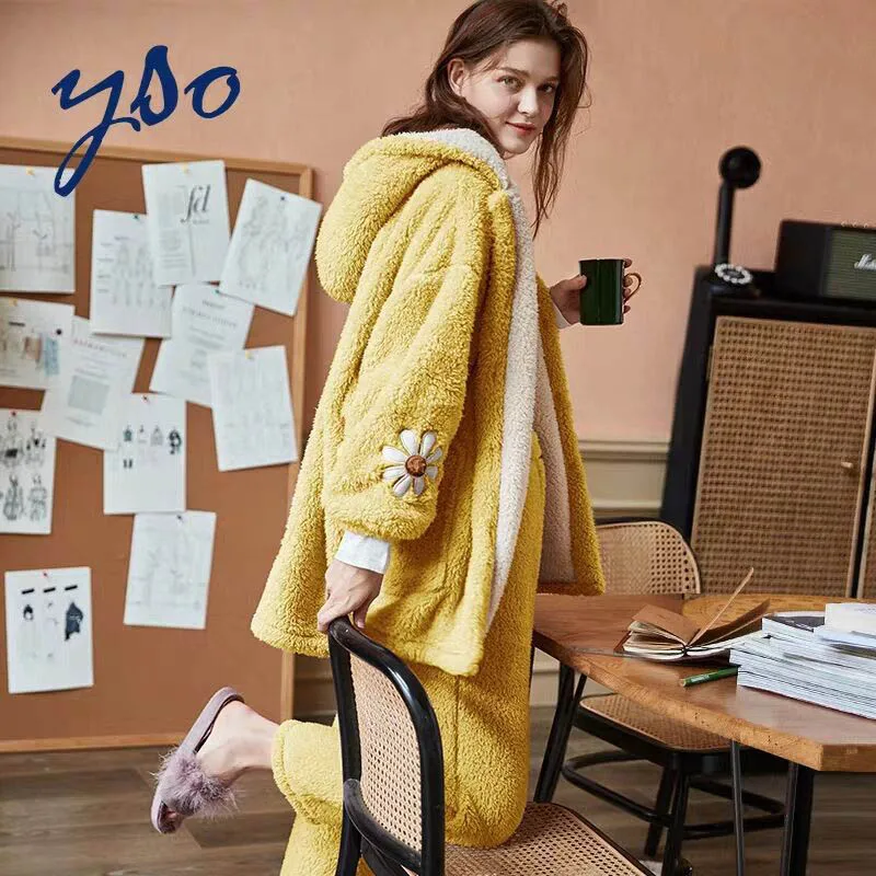 Зимняя фланелевая женская пижама комплект из 2 предметов теплая утолщенная