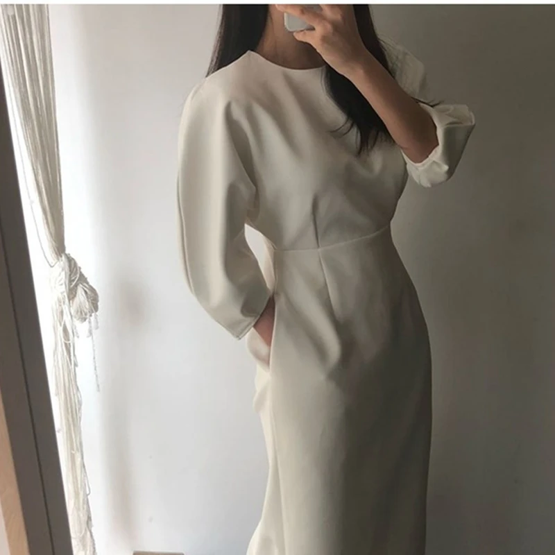 

2021 Autumn Women French Temperament Tight Fitting Hip Long Dress Slim Elegant Fashion Office Solid Color Ladies Korean Clothing