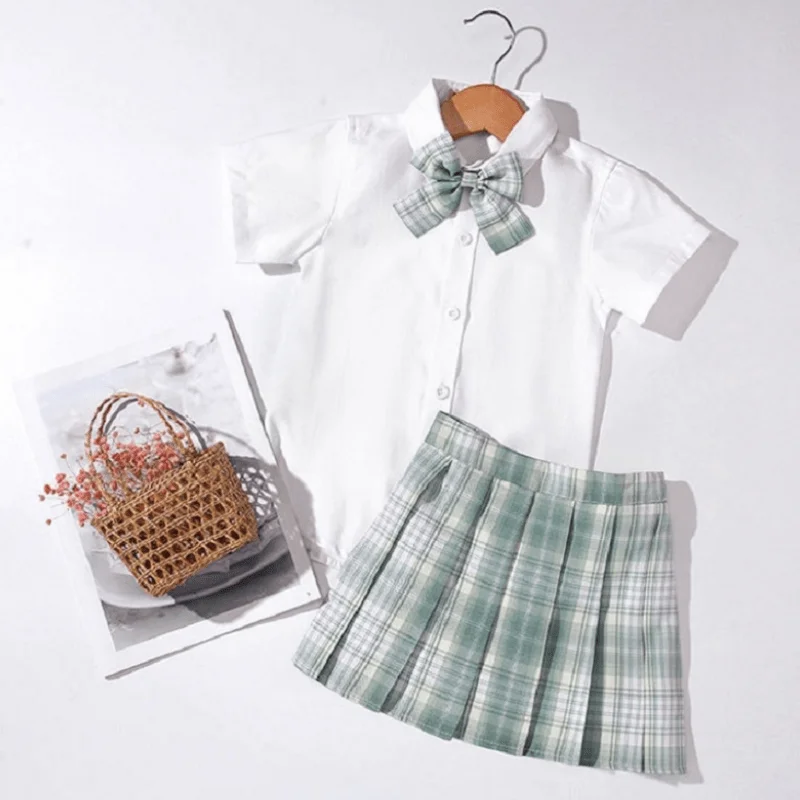 Conjunto de ropa Formal JK de algod&oacute;n para ni&ntilde;a, camisa blanca + Falda plisada a cuadros + pajarita, 3 piezas, traje escolar para ni&ntilde;o de 3 a 14 a&ntilde;os-4