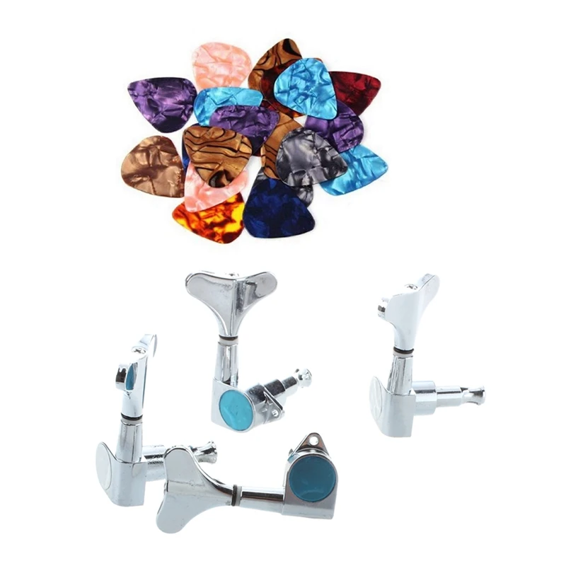

4x Sealed Bass Tuning Pegs Tuners Machine Heads 2L + 2R & 200x Premium 0.46mm Stylish Colorful Celluloid Guitar Picks