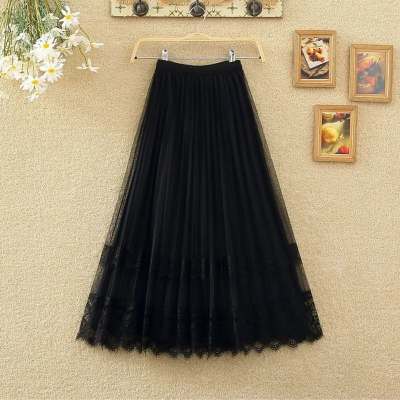 Женская плиссированная юбка средней длины с высокой талией и кружевом