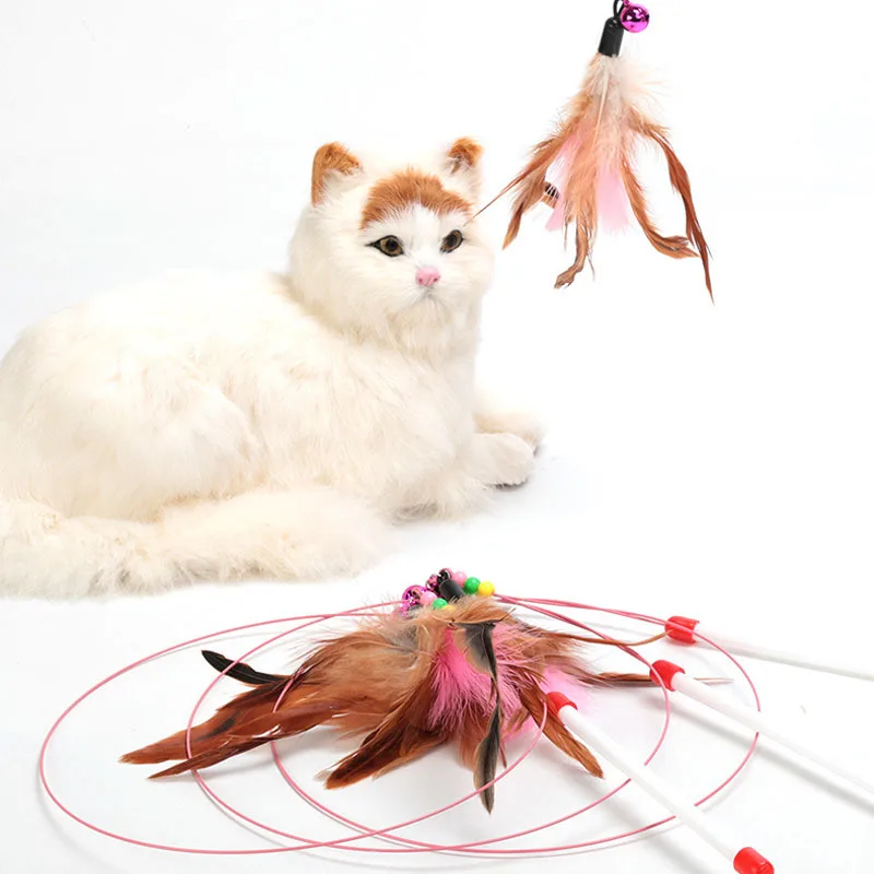 

40cm Pet Cat Toys Stick Teaser Feather Linen Wand Cat Catcher Teaser Wood Rod Mouse Toy With Mini Bell Cat Interactive Toys