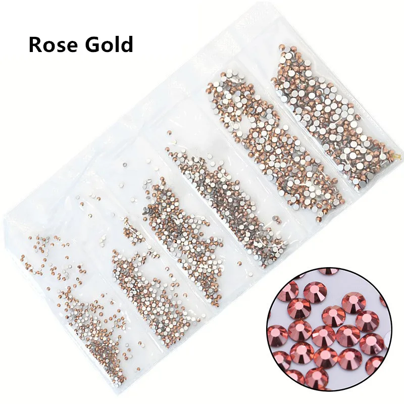 Rose Gold 40 цветов, смешанные размеры кристально чистый AB горячей фиксации, плоская задняя часть, стразы для дизайна ногтей Стразы для 3D нейл-арта украшения Блеск - Цвет: Rose Gold
