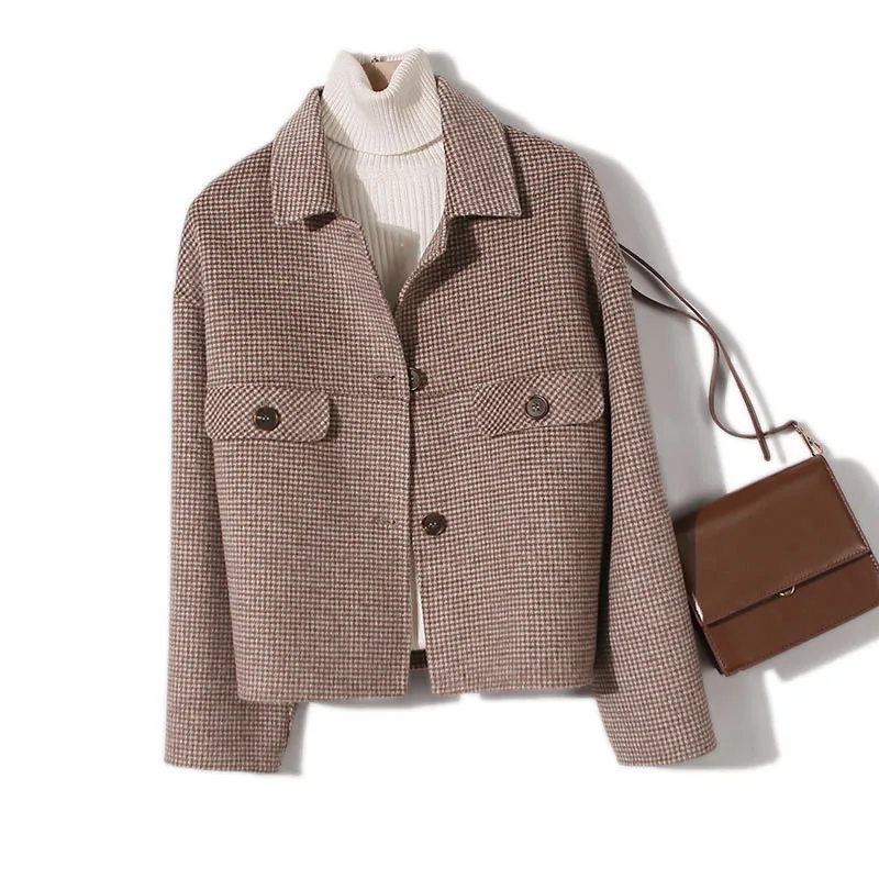 

Hand-Sewn Double-Sided Woolen 2020 New Autumn And Winter Woolen Coat Women Short Woolen Plaid Coat Women's Clothing B011