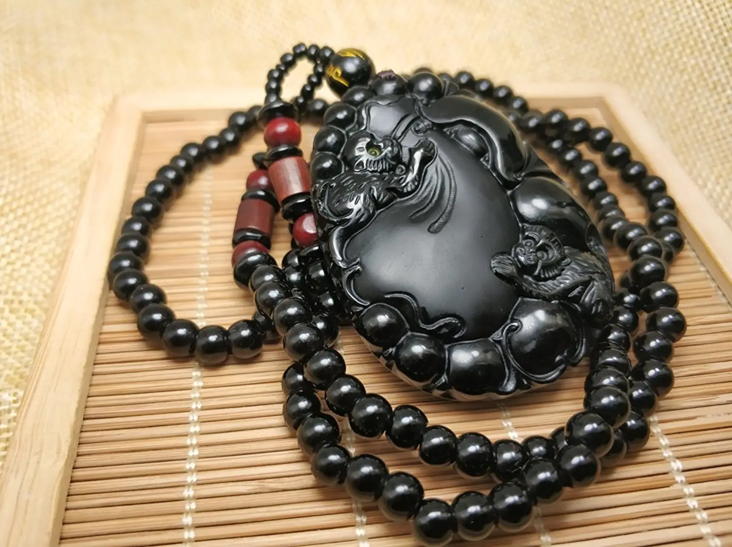 LETSFUN Fine Jewelry Clin-kk Hand Carved Natural Obsidian Frosted Monkey Money Bag Peach Pendant Necklace Free Shipping | Украшения и