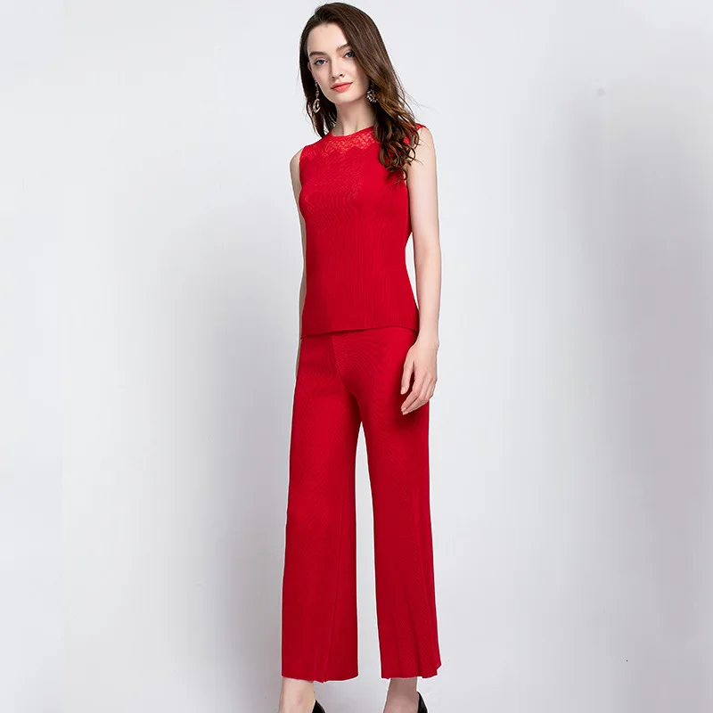 LANMREM 2020 New Fashion Pattern Pleated Stitching Lace Slimming Solid Elegant Shawl Wide-leg Pants Female Three-piece Set AD069 | Женская