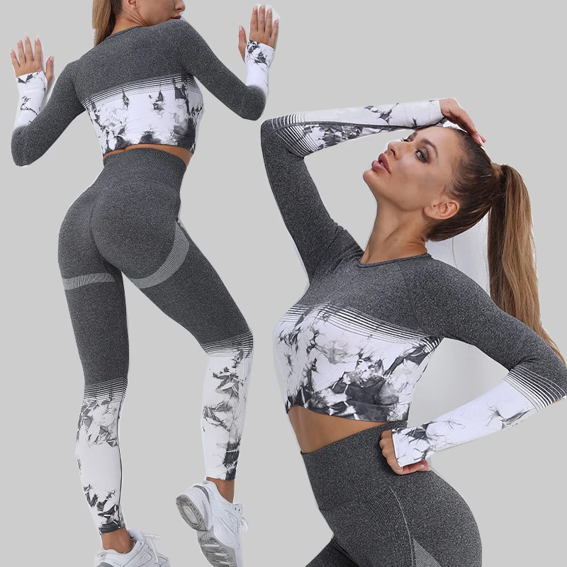 

New Dyeing Seamless Yoga Set Women Printed Fitness Suit Sportswear Sports Top High Waist Gym Leggings Sports Suits Yoga Suits